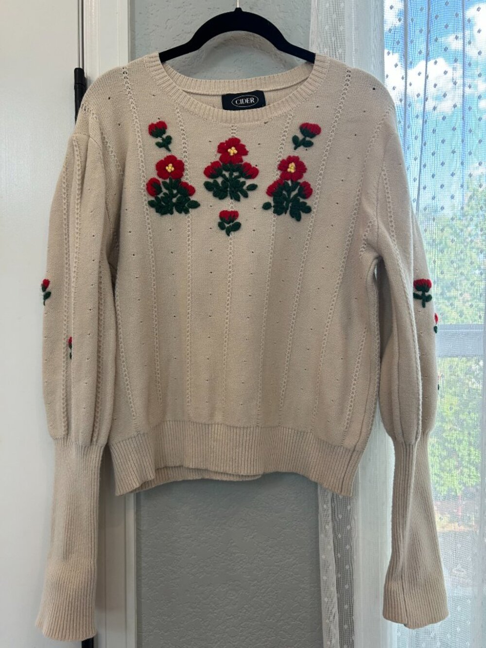 Cider Cream Floral Embroidered Knit Sweater Red Flower Cottagecore Womens Size L